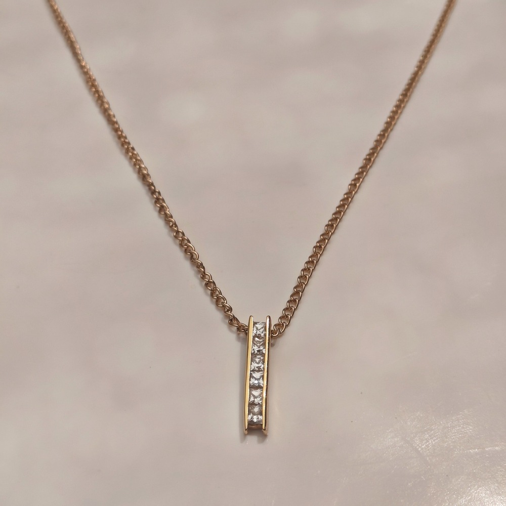 Gold Tone Vertical Bar Pendant Necklace Glass Crystal Princess Cut Chain Link